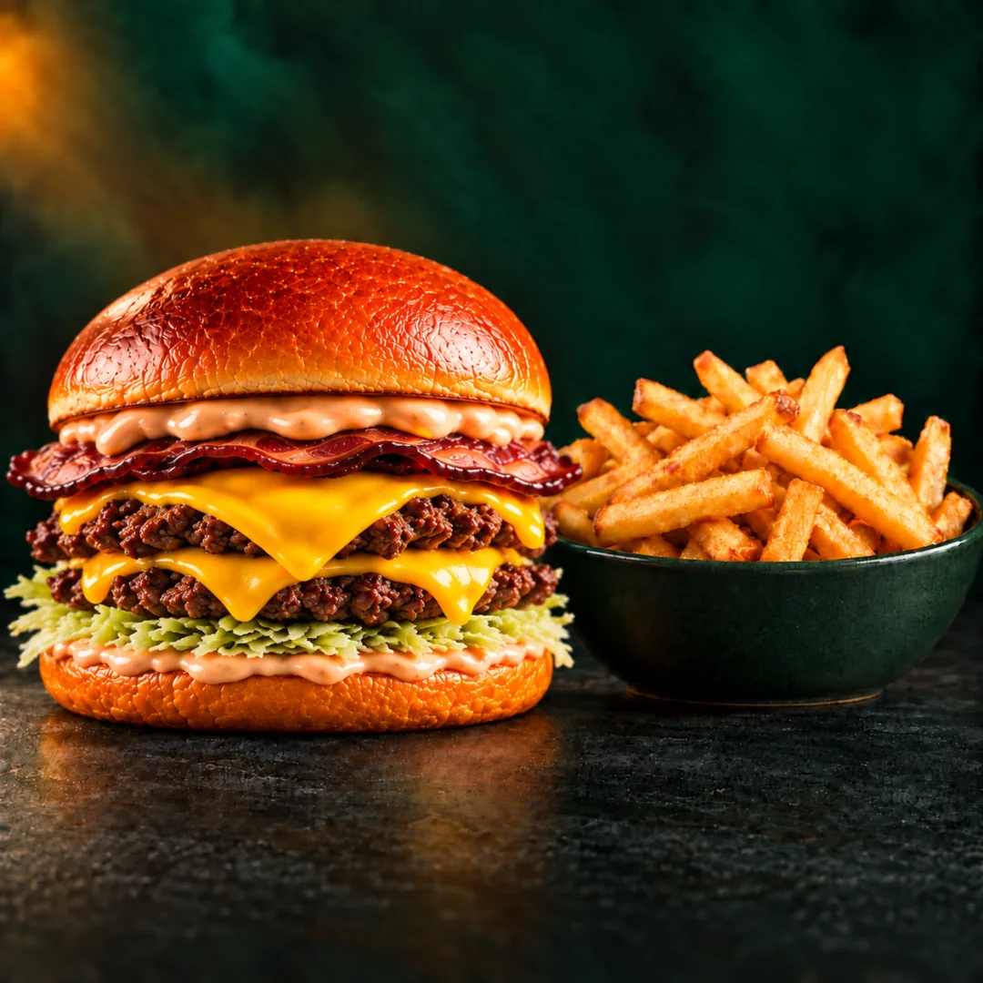 Le burger Smokey Beef Bacon du Safe Lounge : double smash, cheddar fondu et bacon de bœuf, servi avec ses frites