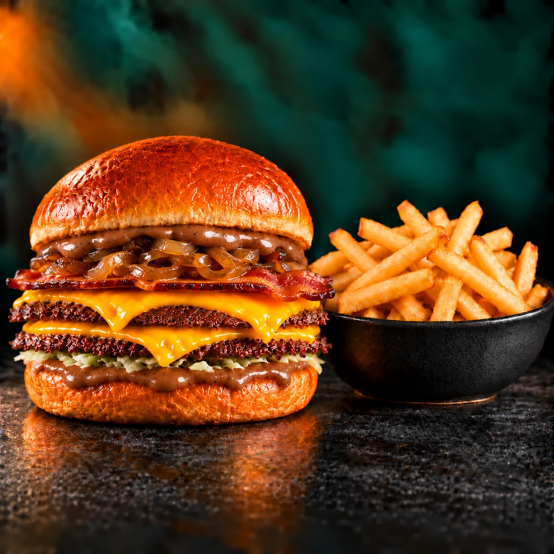 Le burger Tasty Bacon du Safe Lounge : double smash, cheddar, bacon de bœuf et oignons caramélisés, servi avec ses frites